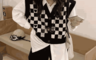 生活市集 10.0折! - 黑白棋盤格針織毛衣 短款外搭背心 (均碼)