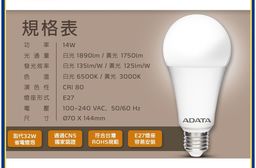 【ADATA 威剛】第四代14W高效LED燈泡 白光 / 黃光